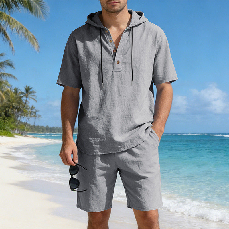 Men's Linen Hooded Casual Set - Loose Fit Breathable Two-Piece Outfit For Summer Daily Wear Holiday Outfit