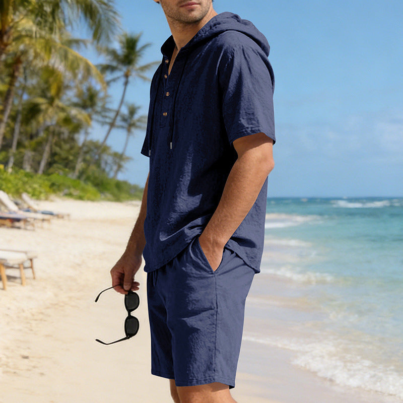 Men's Linen Hooded Casual Set - Loose Fit Breathable Two-Piece Outfit For Summer Daily Wear Holiday Outfit